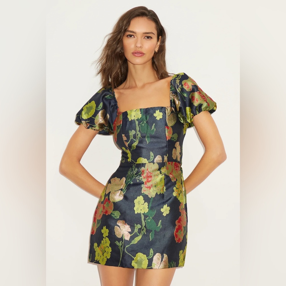 Lulus So Stunning Navy Blue Floral Jacquard Puff Sleeve Mini Dress
